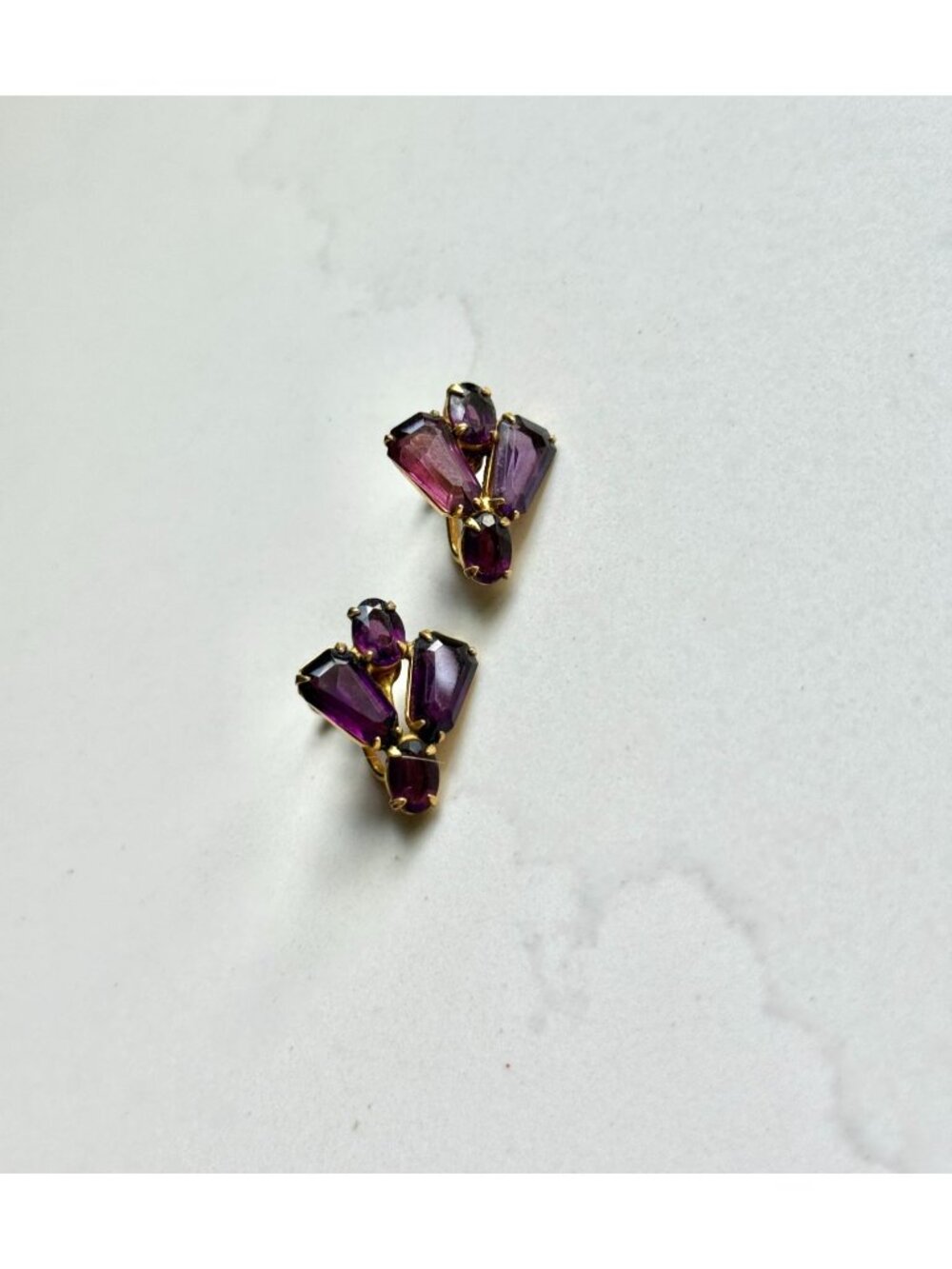 Vintage Early Century Purple Glass Rhinestone And Brass Clip On Screw Backs